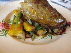 Duck confit on a bed of buckwheat, delicata squash, celerium, and pears.